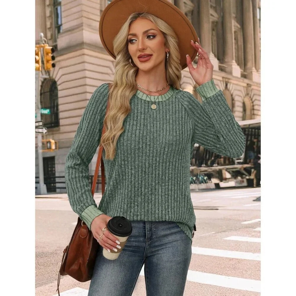 Women's Green Color Block Long Sleeve Shirt Lightweight Sweater Fall 2025 - Picture 4 of 5
